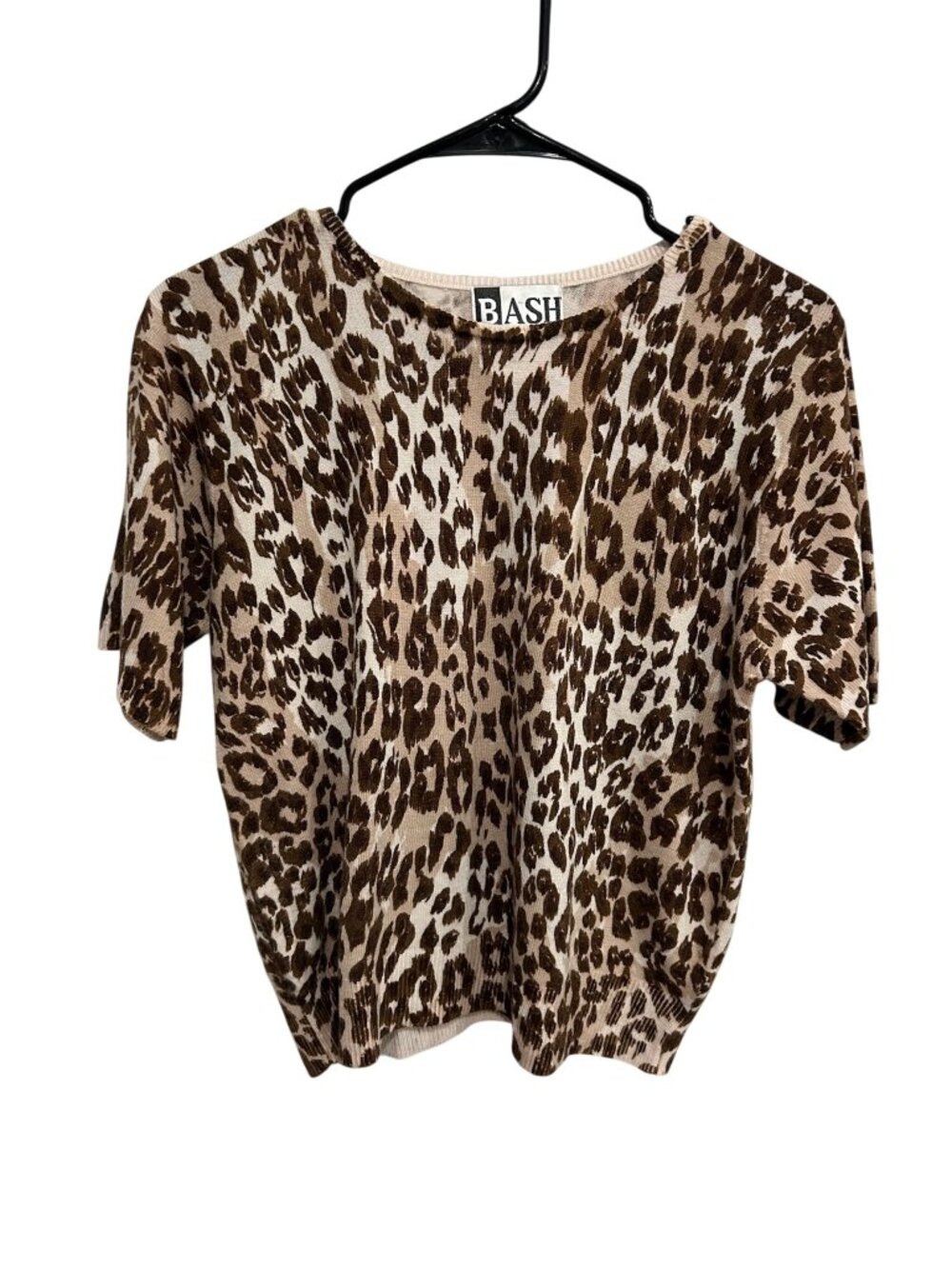 Bash Leopard Print Brown Beige Knit Short Sleeve Top Size M Eclectic Maximalist